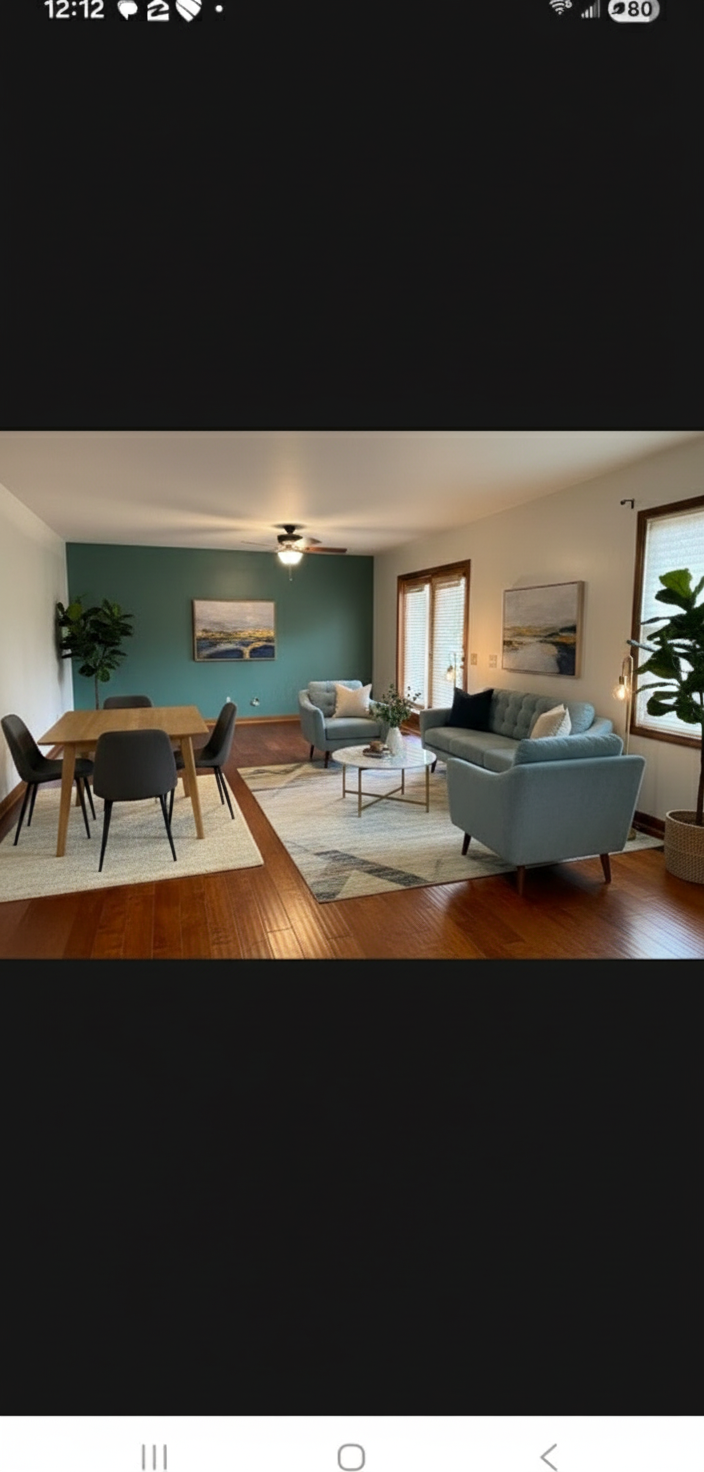 After - interior transformation: Design type: interior. Style Ref: None. Instructions: Place a square dining table under the hanging light them create a sitting area at the end of the room