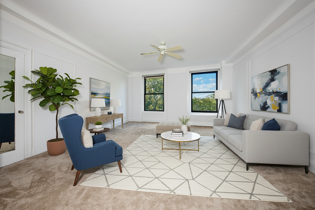 After - virtual staging transformation: Virtual Staging: Modern Living Room - Sofa:
Track Arm Sofa: (Clean, straight, modern lines)
English Roll Arm Sofa / Roll Arm Sofa: (Classic, comfortable, rounded arms)
Tailored Sofa: (Refined upholstery, neat appearance)
Armchairs:
Accent Chair: (General term for a stylish, standalone chair)
Barrel Back Chair / Curved Back Armchair: (Rounded back, often plush)
Upholstered Armchair with Exposed Wood Frame: (Combines fabric with classic wood detailing)
Club Chair: (Broad, comfortable, upholstered armchair)
(Potentially) Modern Wingback Chair: (Updated classic with clean lines)
Tables:
Coffee Table:
Round Coffee Table (Metal & Glass/Wood): (Open base, often geometric)
Rectangular Coffee Table (Wood/Marble): (Classic, versatile)
Marble Top Coffee Table: (Luxurious material option)
Side Table / End Table:
Traditional Wood Side Table: (Simple, elegant designs, dark/medium wood)
Drum Side Table / Pedestal Side Table: (For more modern or sculptural options)
Other Furniture:
Ottoman (Tufted/Plain): (For extra seating or footrest)
Console Table / Sideboard: (For decor or under a TV)
Rugs:
Geometric Patterned Area Rug: (Modern yet classic, light colors)
Abstract Patterned Area Rug: (Artistic flair)
Neutral Area Rug (e.g., Wool/Viscose): (Cream, beige, light gray for a serene base)
Lighting:
Table Lamp (Ceramic/Glass Base with Drum Shade): (Clean, elegant, timeless)
Floor Lamp: (Various styles – column, tripod – for ambient light)
Artwork:
Abstract Art (Framed, Thin Gold/Black Frame): (Modern artistic pieces)
Landscape Painting (Traditionally Framed, Muted): (For a more classic touch)