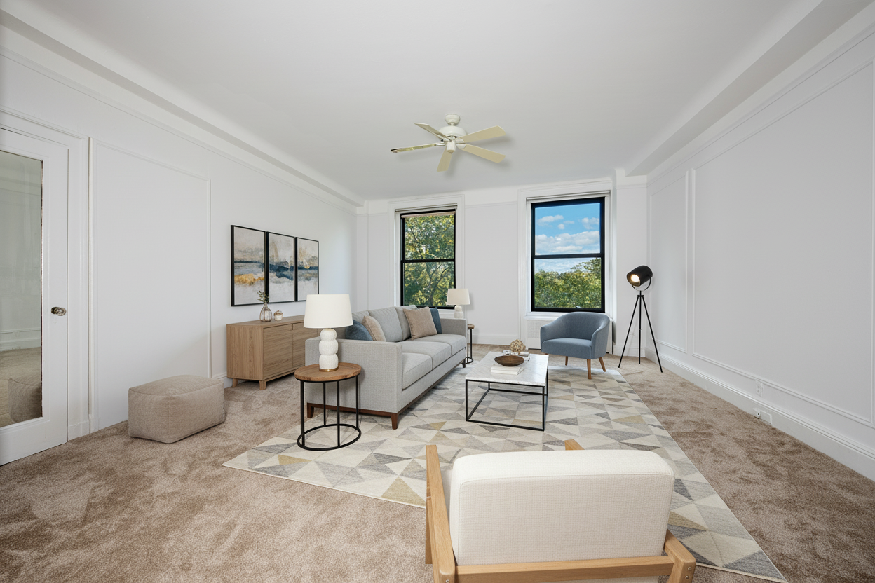 After - virtual staging transformation: Virtual Staging: Modern Living Room - Sofa:
Track Arm Sofa: (Clean, straight, modern lines)
English Roll Arm Sofa / Roll Arm Sofa: (Classic, comfortable, rounded arms)
Tailored Sofa: (Refined upholstery, neat appearance)
Armchairs:
Accent Chair: (General term for a stylish, standalone chair)
Barrel Back Chair / Curved Back Armchair: (Rounded back, often plush)
Upholstered Armchair with Exposed Wood Frame: (Combines fabric with classic wood detailing)
Club Chair: (Broad, comfortable, upholstered armchair)
(Potentially) Modern Wingback Chair: (Updated classic with clean lines)
Tables:
Coffee Table:
Round Coffee Table (Metal & Glass/Wood): (Open base, often geometric)
Rectangular Coffee Table (Wood/Marble): (Classic, versatile)
Marble Top Coffee Table: (Luxurious material option)
Side Table / End Table:
Traditional Wood Side Table: (Simple, elegant designs, dark/medium wood)
Drum Side Table / Pedestal Side Table: (For more modern or sculptural options)
Other Furniture:
Ottoman (Tufted/Plain): (For extra seating or footrest)
Console Table / Sideboard: (For decor or under a TV)
Rugs:
Geometric Patterned Area Rug: (Modern yet classic, light colors)
Abstract Patterned Area Rug: (Artistic flair)
Neutral Area Rug (e.g., Wool/Viscose): (Cream, beige, light gray for a serene base)
Lighting:
Table Lamp (Ceramic/Glass Base with Drum Shade): (Clean, elegant, timeless)
Floor Lamp: (Various styles – column, tripod – for ambient light)
Artwork:
Abstract Art (Framed, Thin Gold/Black Frame): (Modern artistic pieces)
Landscape Painting (Traditionally Framed, Muted): (For a more classic touch)
Dont add plants
Add a chair facing the window close to the photographer
