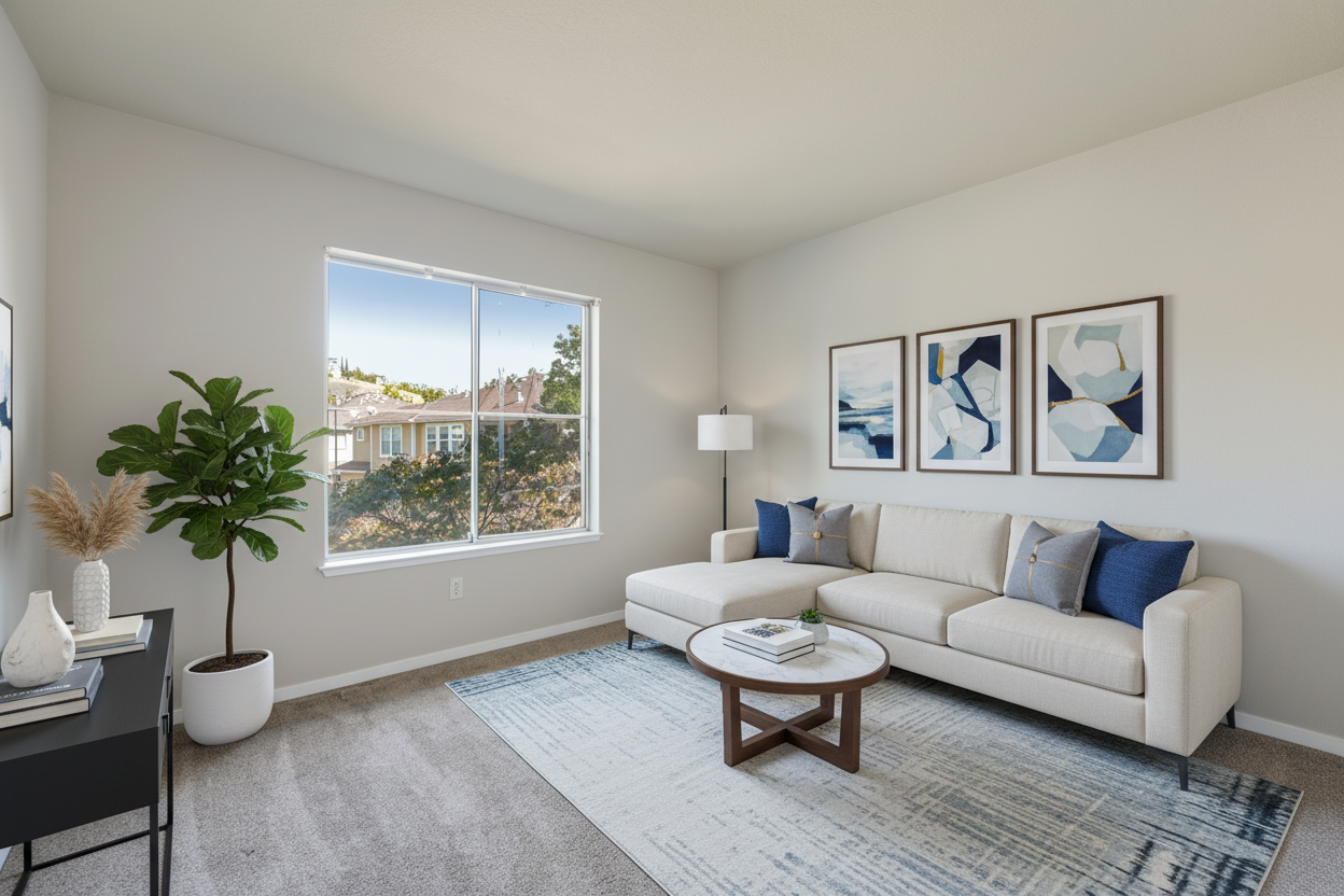 After - virtual staging transformation: Virtual Staging: Modern Living Room (furniture removed)