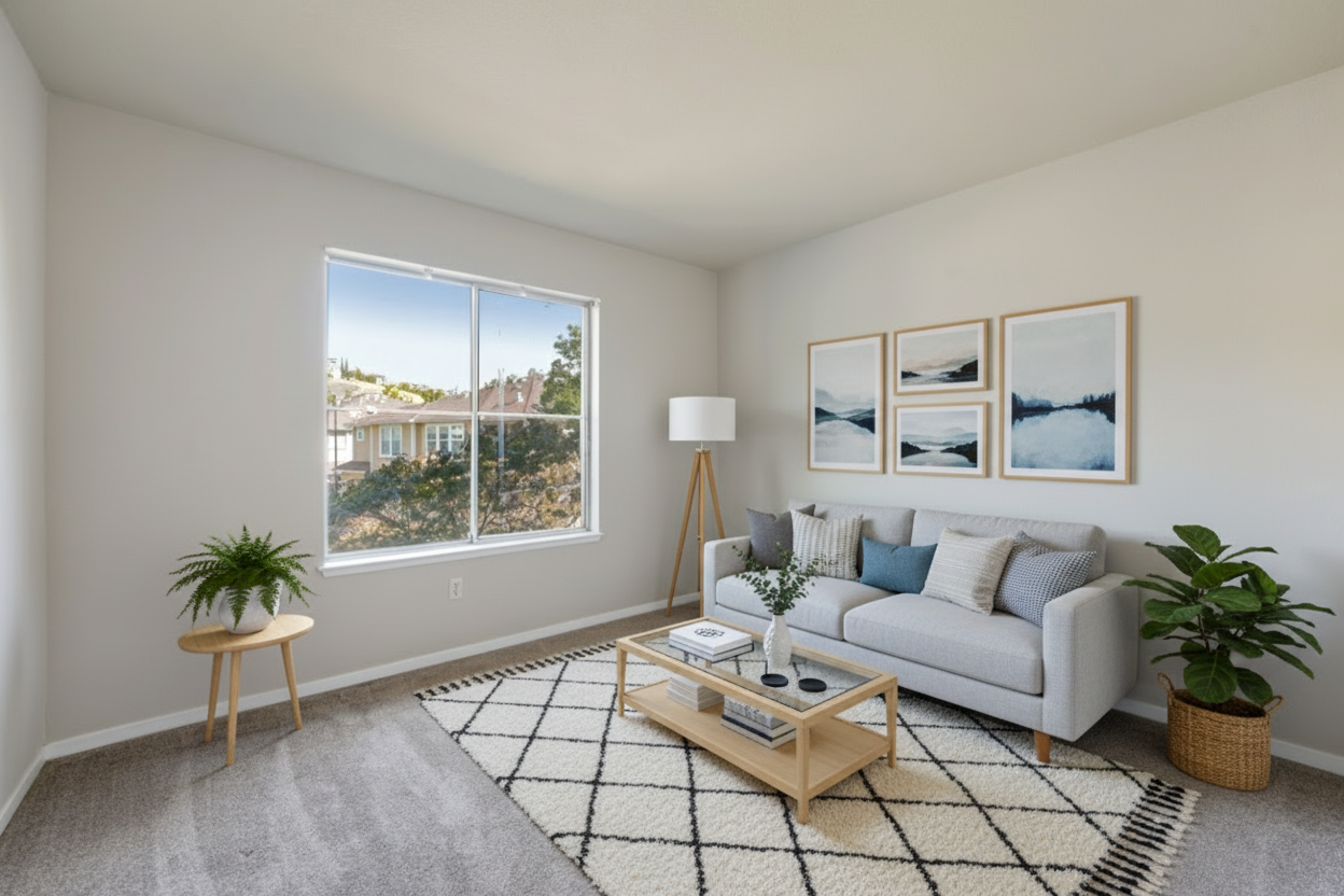After - virtual staging transformation: Virtual Staging: Scandinavian Living Room (furniture removed)