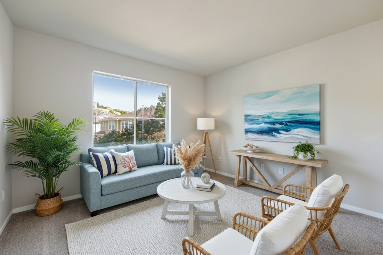 After - virtual staging transformation: Virtual Staging: Coastal Living Room (furniture removed)
