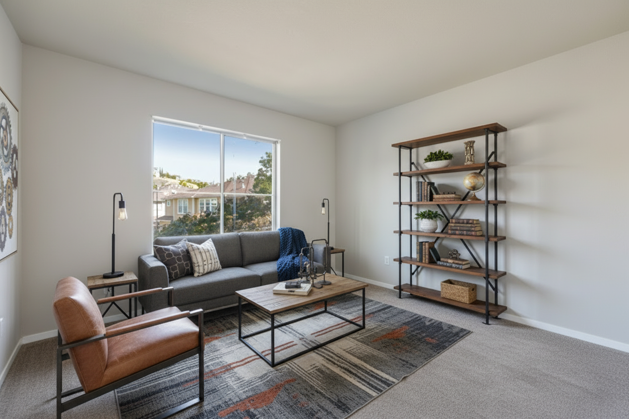 After - virtual staging transformation: Virtual Staging: Industrial Living Room (furniture removed)