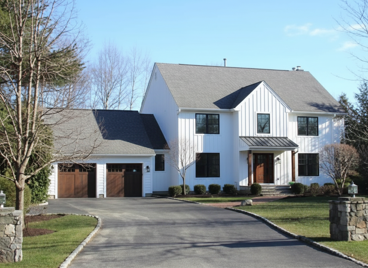 After - exterior transformation: Design type: exterior. Style Ref: https://base44.app/api/apps/68a6b71b9e6d8b9bb330a7ee/files/public/68a6b71b9e6d8b9bb330a7ee/f75e56688_IMG_5593.jpeg. Instructions: Modern barn