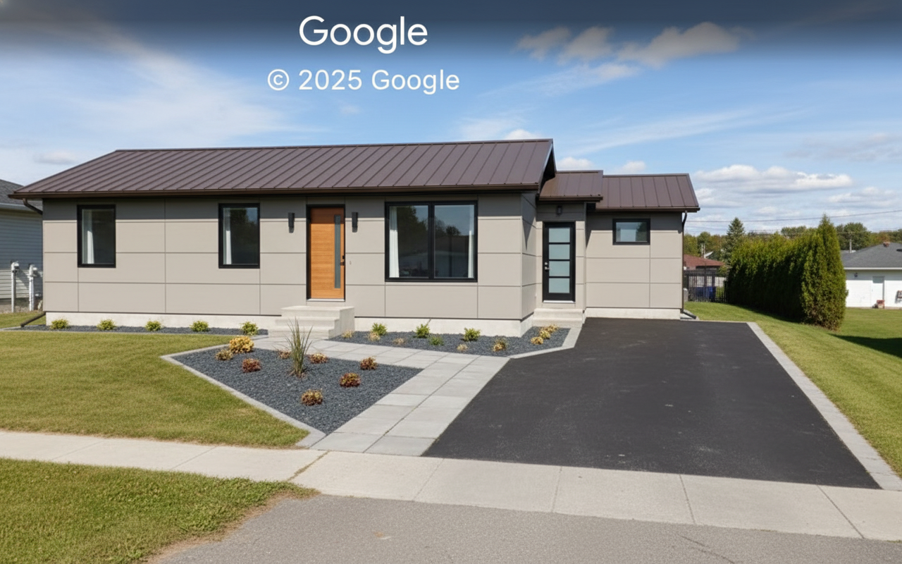 After - exterior transformation: Design type: exterior. Style Ref: None. Instructions: Brown roof, no tree’s. Modern look.