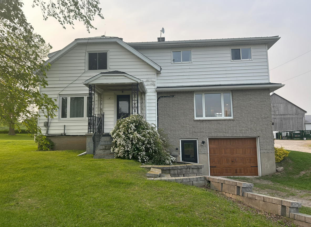 After - exterior transformation: Design type: exterior. Style Ref: None. Instructions: White siding grey brick wooden doors