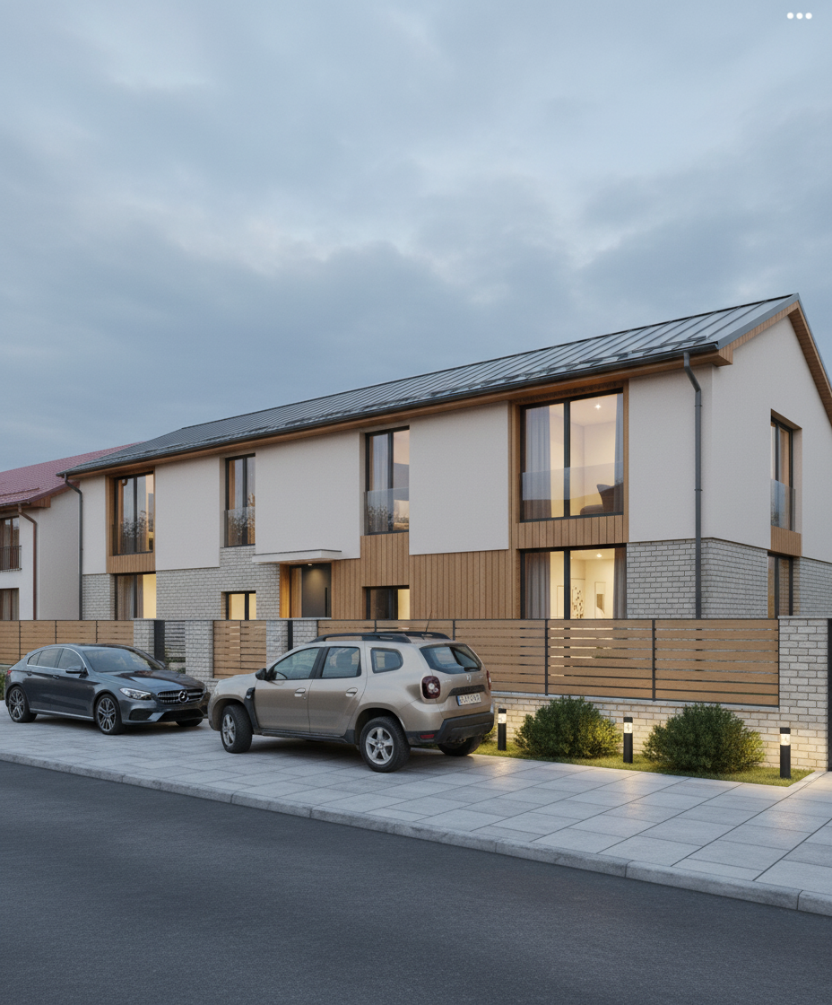 After - exterior transformation: Design type: exterior. Style Ref: https://base44.app/api/apps/68a6b71b9e6d8b9bb330a7ee/files/public/68a6b71b9e6d8b9bb330a7ee/bc73b783c_1000041837.jpg. Instructions: Create nice architecture for this house, modern, light colors, you can use also bricks for facade