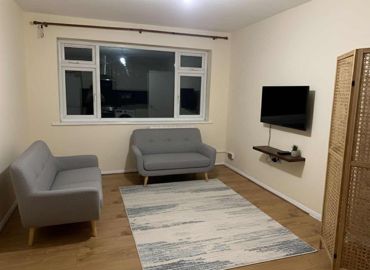 After - interior transformation: Design type: interior. Style Ref: None. Instructions: I want a room divider behind the door, I then want a small couch along the wall on the left of the room then A small couch under the window with a tv on the opposite side wall on the right