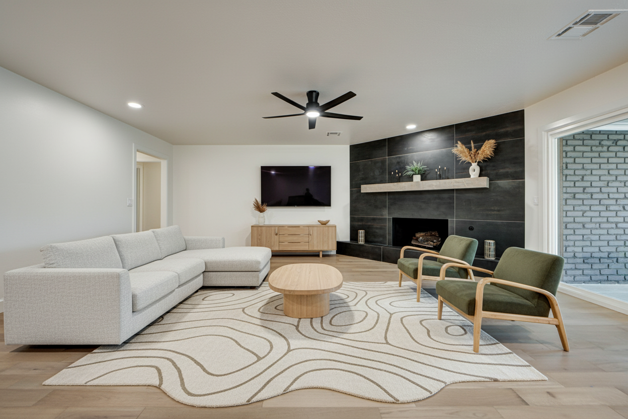 After - interior transformation: Modern scandinavian living room with big windows and organic shapes and materials. Want a TV on the back wall with a console table to the left of the fireplace. Add a sectional and two chairs anchored to the left side wall. Add a modern, organic rug with a coffee table.