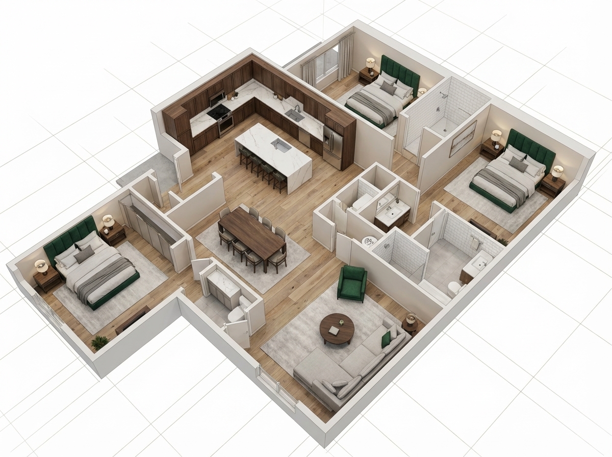 After - floorplan to_3d transformation: [FLOORPLAN-TO-3D-TOPVIEW] Style: traditional. Instructions: Top-down isometric 3D floor plan visualization. No ceiling.
Style: Modern, high-end residential, sophisticated, and clean. Architectural presentation quality.
Color Palette: Predominantly warm neutrals (cream, white, light grey) with deep emerald green or forest green accents (sofa pillow, armchair, upholstered bed headboard).
Flooring: Wide-plank light oak or bleached hardwood flooring throughout the main areas (Living, Dining, Bedrooms). Light grey tile in the bathroom.
Kitchen: L-shaped layout with dark walnut or espresso-stained wood cabinetry. White marble countertops and backsplash. Large white quartz island with waterfall edge. Stainless steel appliances.
Living Area: Staged with a low-profile sectional sofa in light grey linen. Includes a round, dark wood coffee table and a large, plush, light grey area rug. Include one emerald green accent armchair.
Bedrooms: Staged with king-sized beds with layered, white and grey bedding. Use dark wood nightstands with simple, modern lamps. Large, light grey area rugs covering the floor space.
Bathroom: White subway tile on shower walls, light grey floor tile. Simple floating vanity with white porcelain sink.
Lighting: Soft, bright, diffused ambient lighting to create a warm, inviting mood.
Presentation Detail: Include a subtle architectural grid pattern overlay on the background (the white grid on the floor plan perimeter).