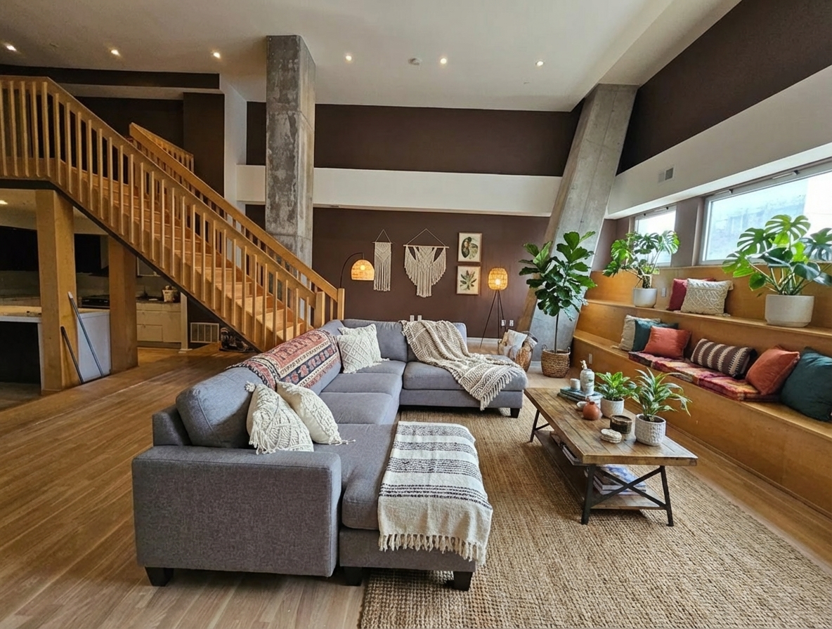After - virtual staging transformation: Virtual Staging: Bohemian Living Room (furniture removed) - Add large grey sectional