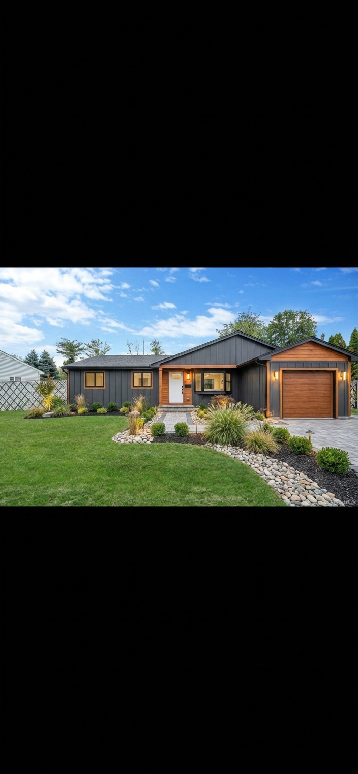 After - exterior transformation: Design type: exterior. Style Ref: None. Instructions: Modern remodel with dark siding and wood accents. Add accessory lighting and nice landscaping.