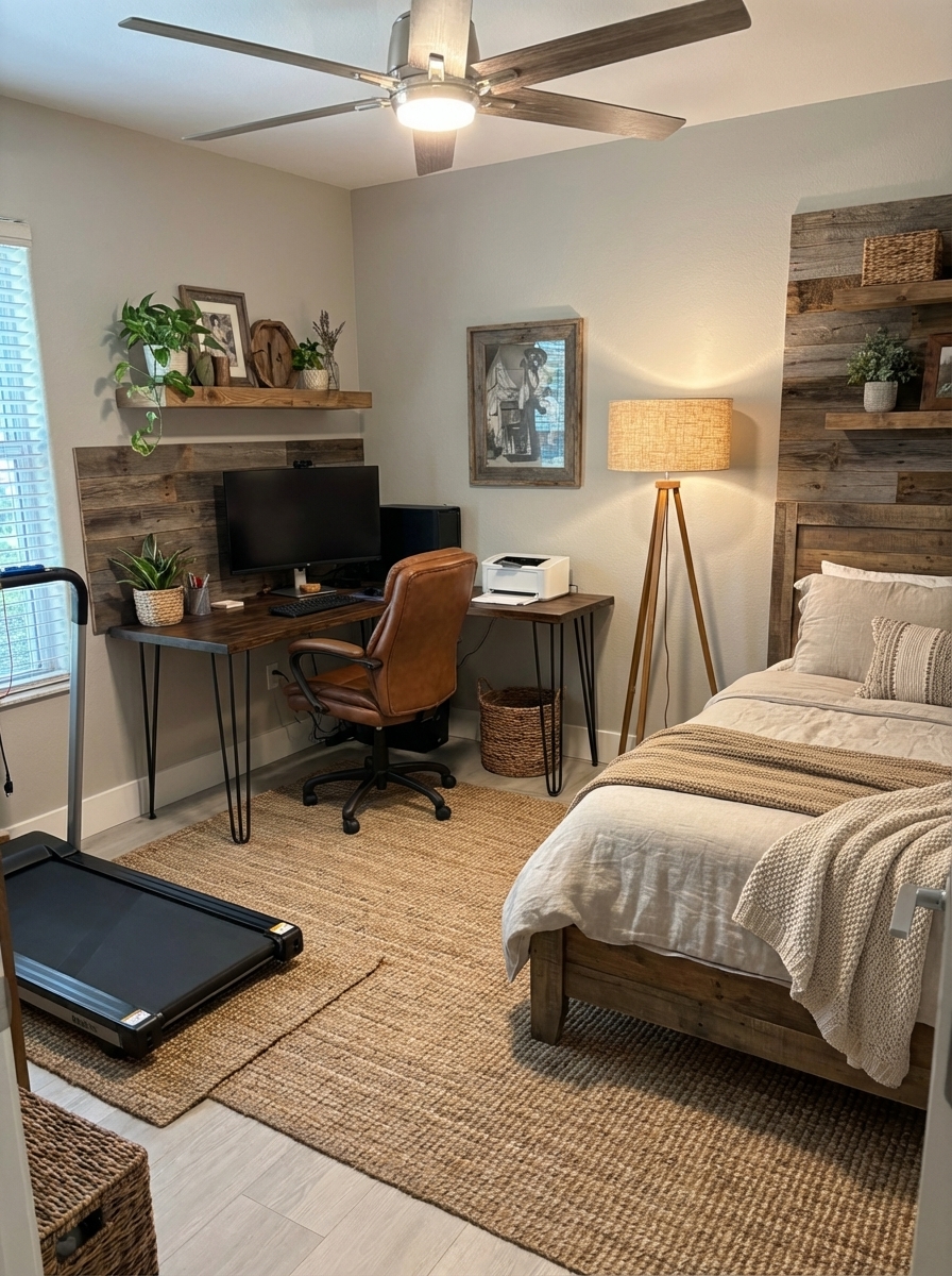 After - interior transformation: Design type: interior. Style Ref: None. Instructions: Give me options on how to make this room nicer with a rustic modern take on it
