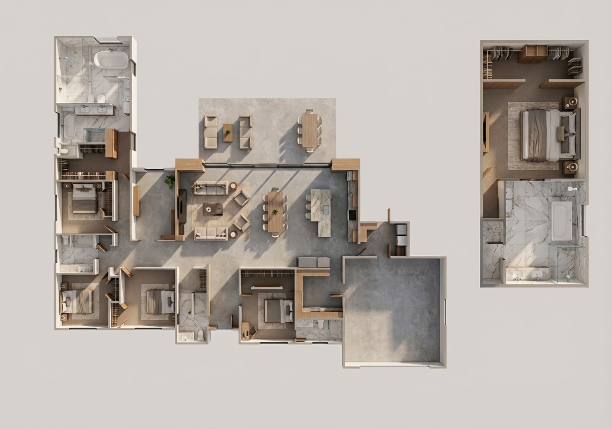 After - floorplan to_3d transformation: [FLOORPLAN-TO-3D-TOPVIEW] Create a photorealistic top view (aerial) 3D rendering in a modern style. 