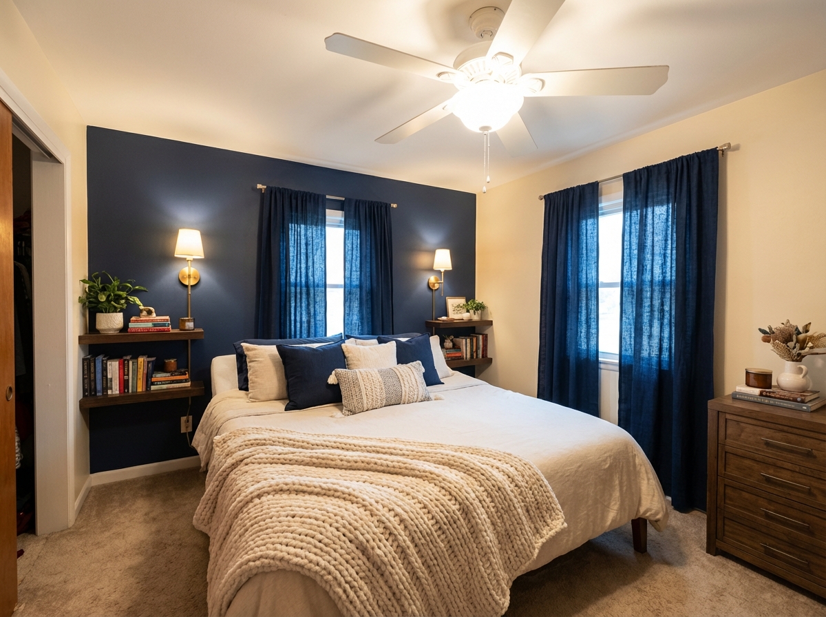 After - interior transformation: Design type: interior. Style Ref: None. Instructions: This is the only location bed will fit. Open to wallpaper as an accent wall. Cozy. We like navy and green (but not together). Read a lot so maybe sconces or shelves. Not sure!