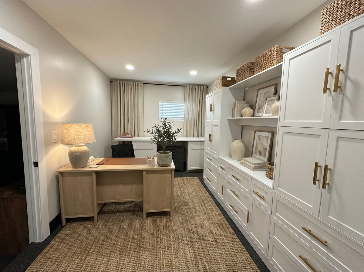After - interior transformation: Add decor and style with neutral colors.