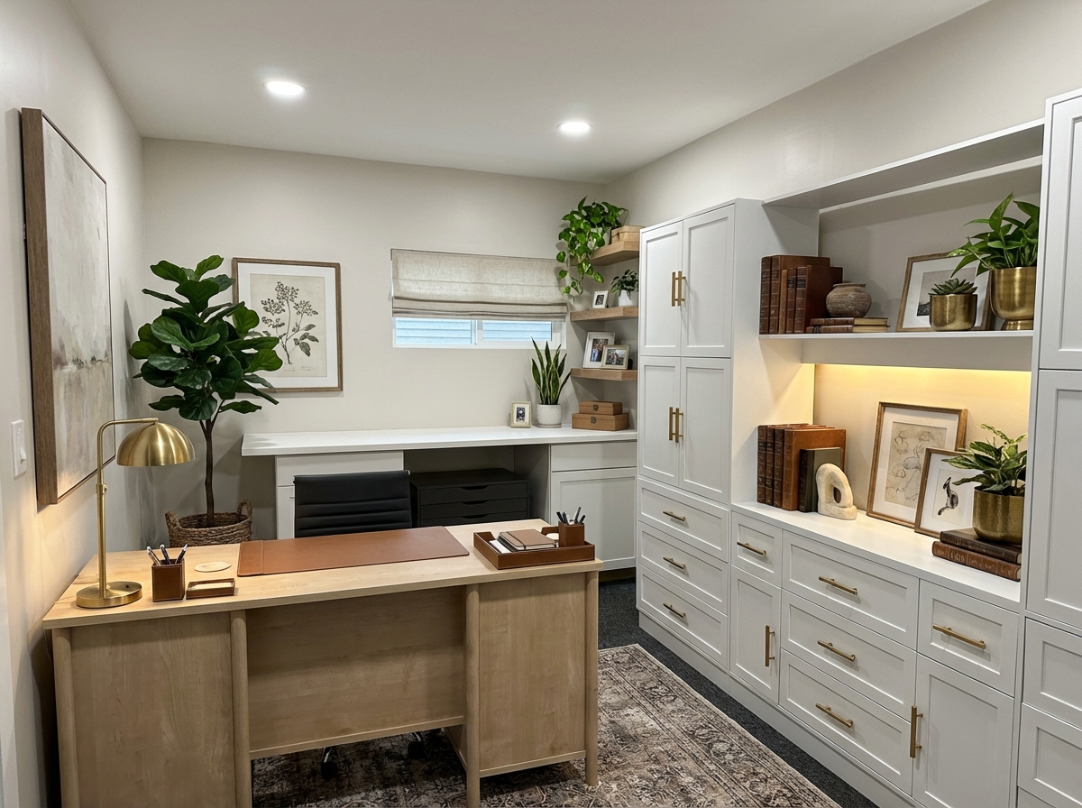 After - interior transformation: Add decor to walls, desk and shelves.