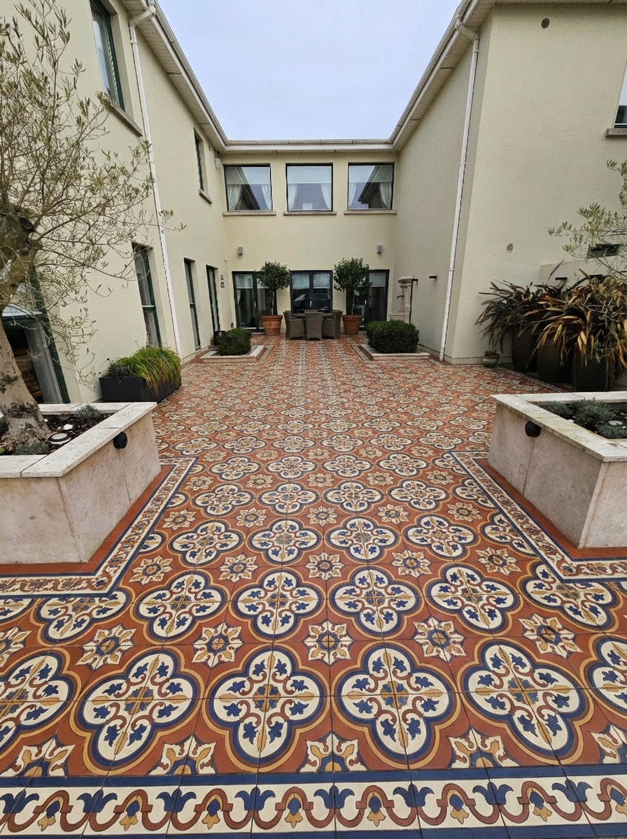 After - exterior transformation: Design type: exterior. Style Ref: None. Instructions: new italian style patio not orange, tiles, border pattern, remove the step and make one level, vibrant